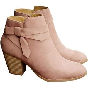 Women's Pink Closed Toe Stacked Heel Tie Knot Side ZIP Chelsea Pump Ankle Boots
